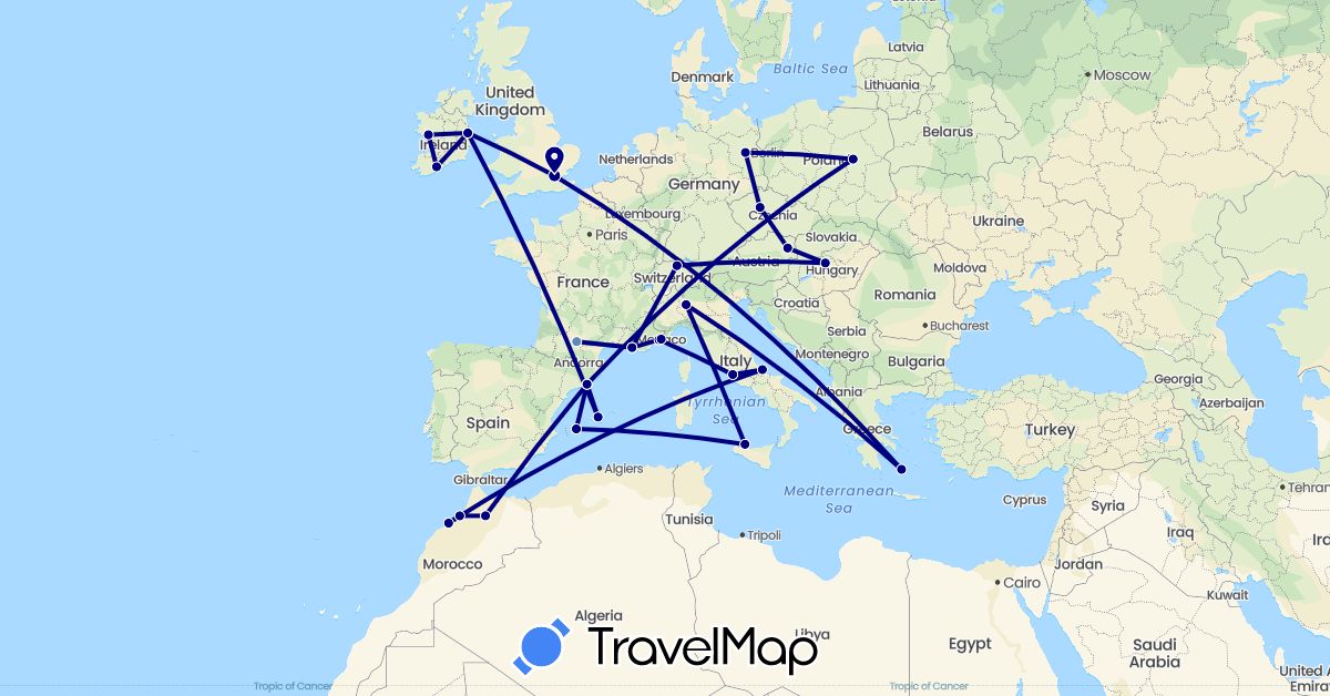 TravelMap itinerary: driving, cycling in Austria, Switzerland, Czech Republic, Germany, Spain, France, United Kingdom, Greece, Hungary, Ireland, Italy, Morocco, Monaco, Poland (Africa, Europe)